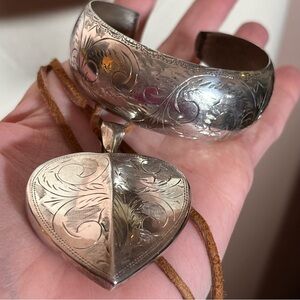 Vintage .925 Southwestern oversized etched heart necklace wide bracelet set